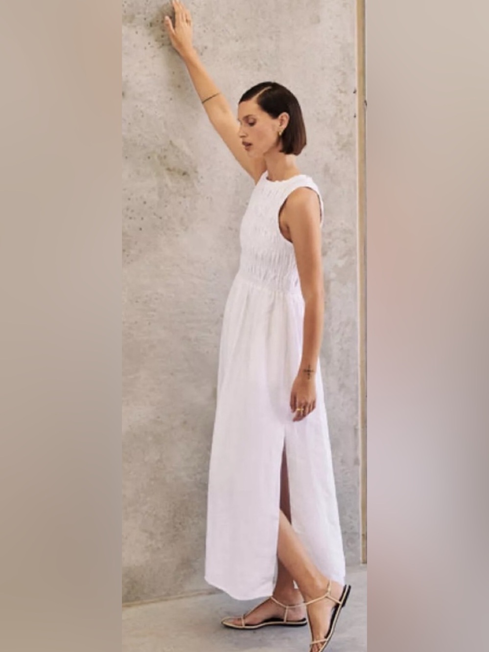 Dissh Womens 12 Lessi White Linen Smocked Lined Pockets Maxi Sleeveless Dress